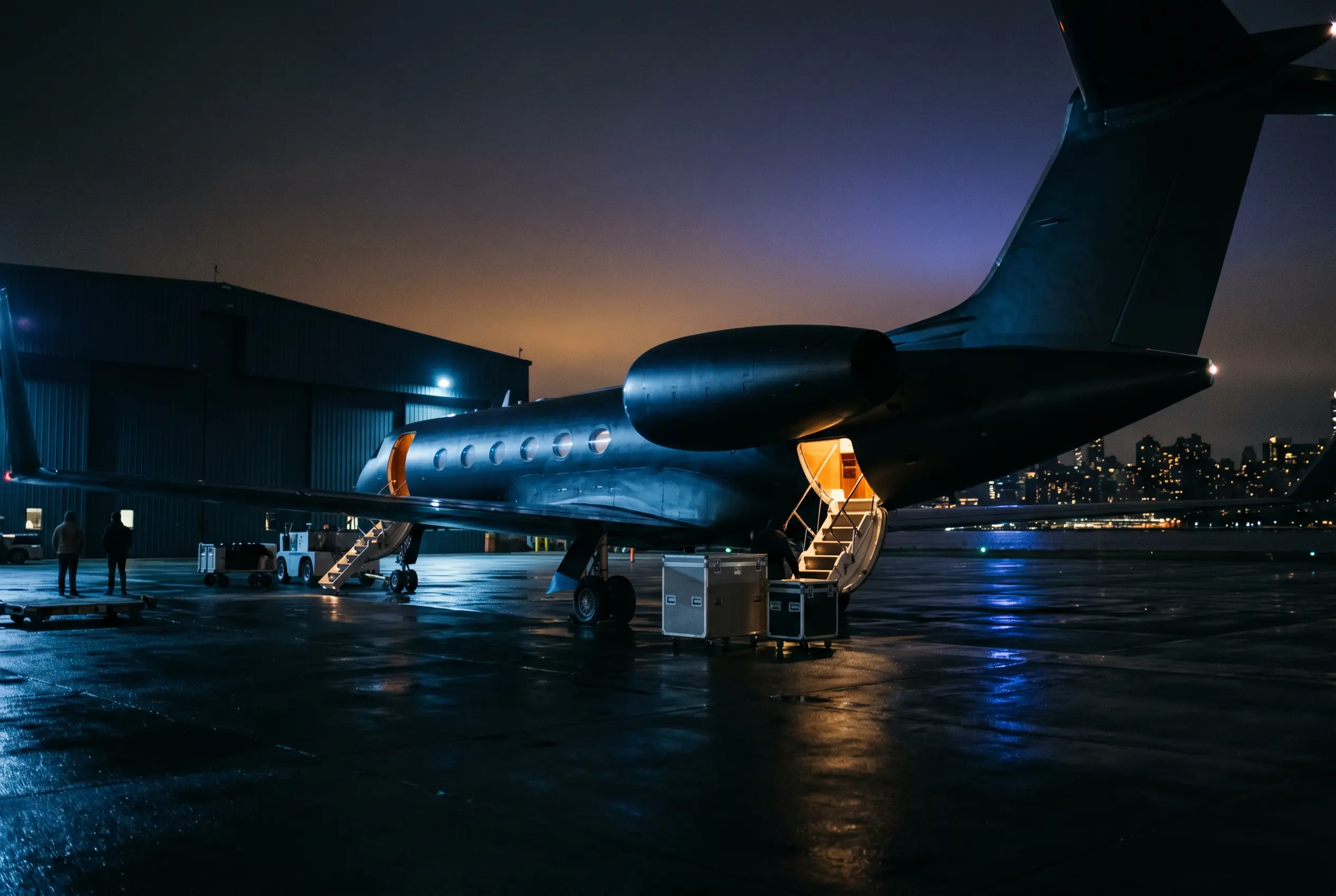 Team equipment being loaded into a large jet at a New York FBO for Miami