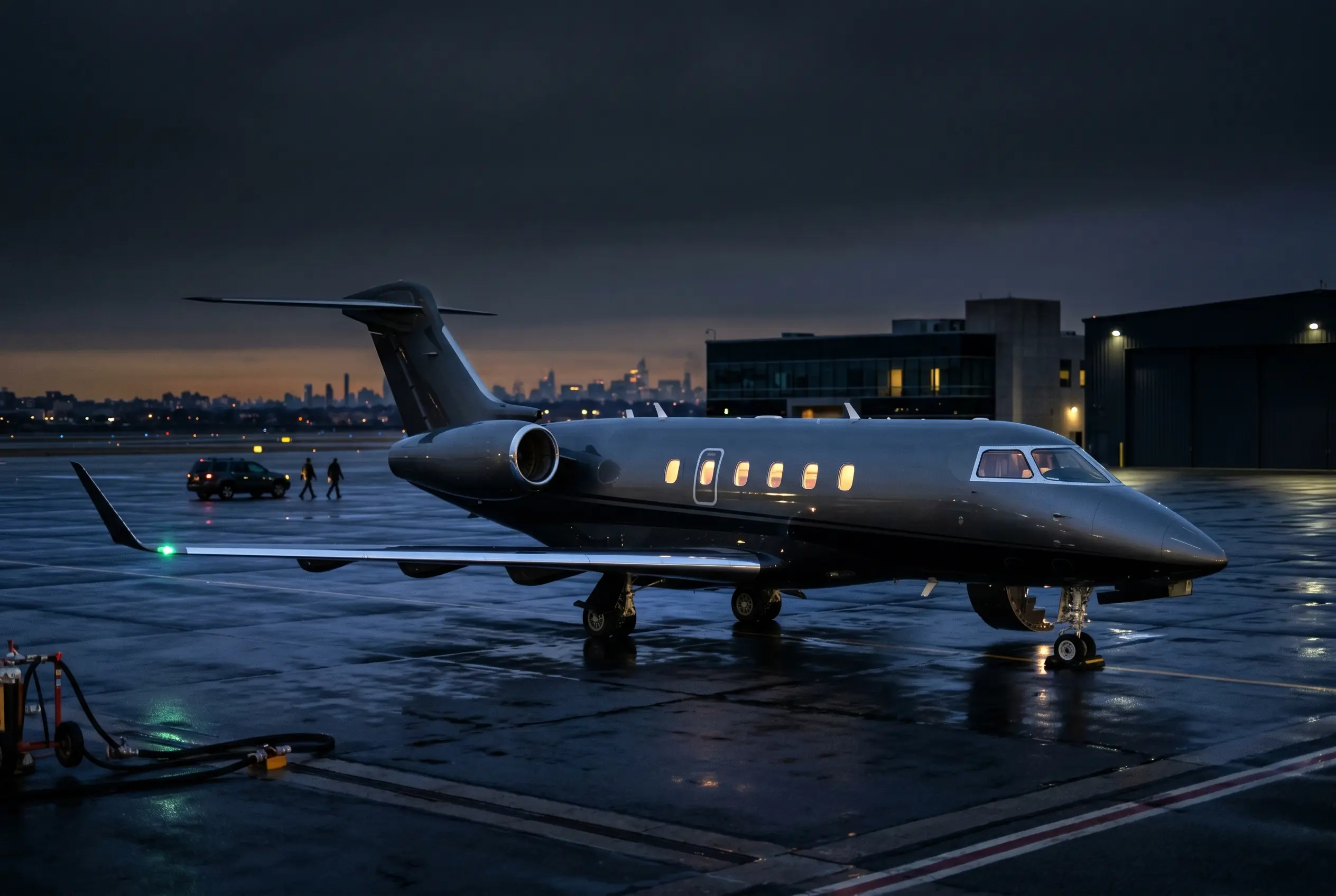 Super-midsize business jet on a private ramp at dusk before a New York to Miami flight