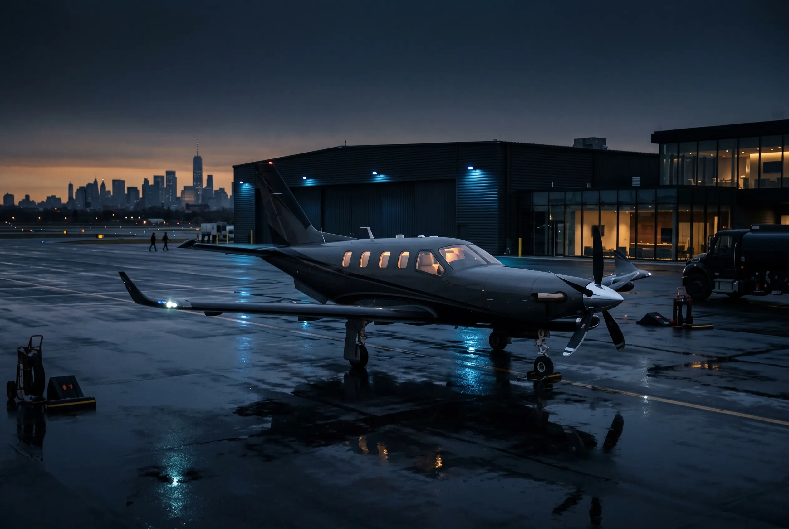 Daher TBM 960 single-engine turboprop on a regional ramp at dusk before a New York to Miami departure