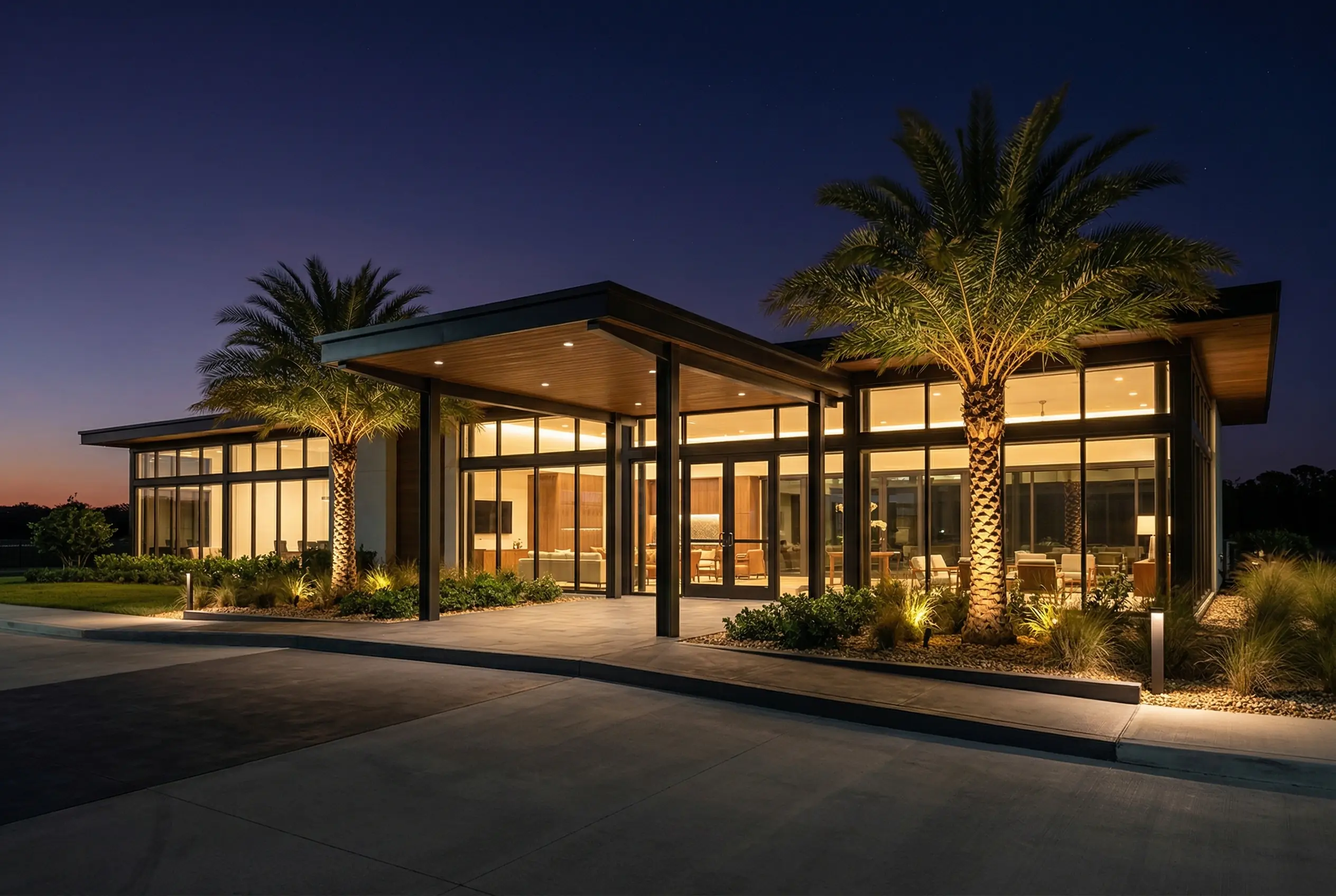 Modern private FBO terminal exterior at night — glass-walled building with warm interior glow and palm trees framing the entrance
