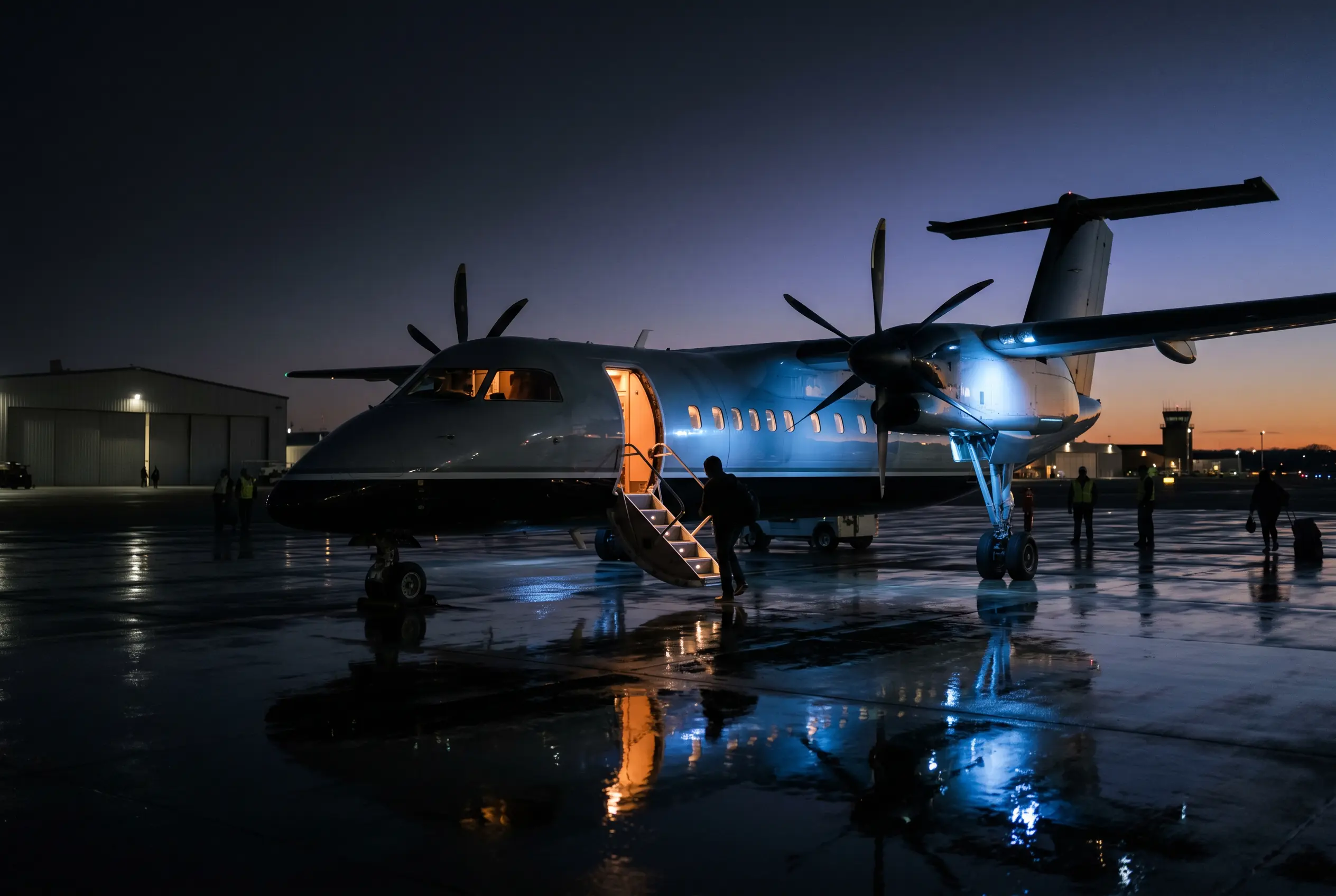 Passenger boarding a turboprop by airstair at a small New York airport at dusk