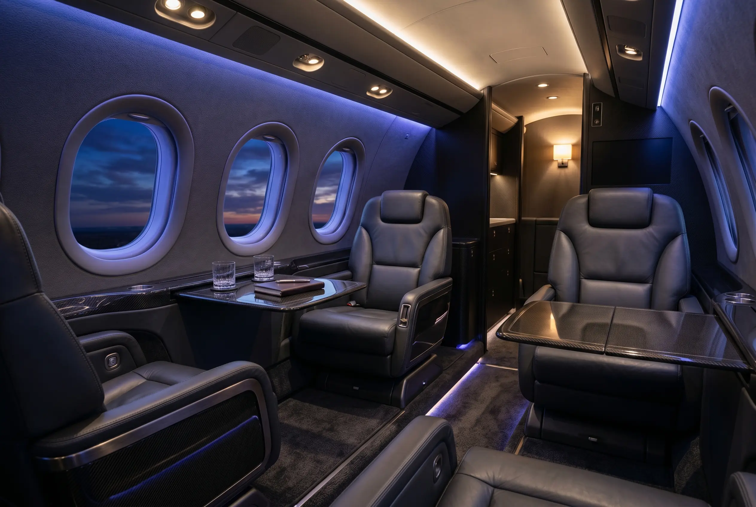 Comfortable pressurised turboprop cabin with club seating for a New York to Miami flight