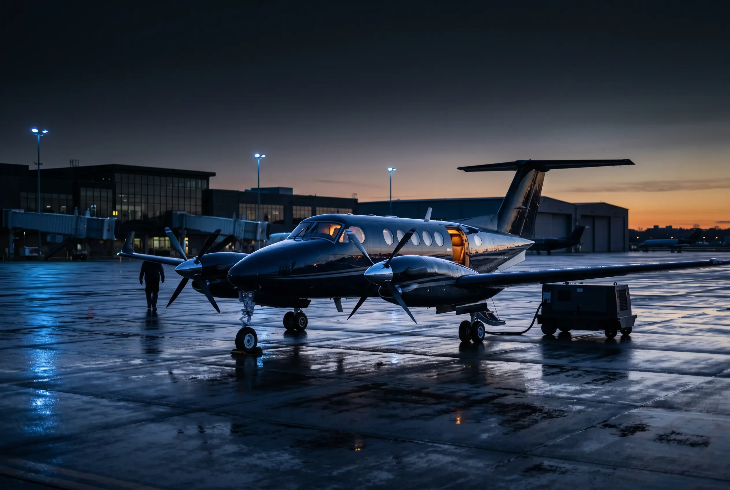 Twin turboprop parked on a regional ramp at dusk before a New York to Miami charter