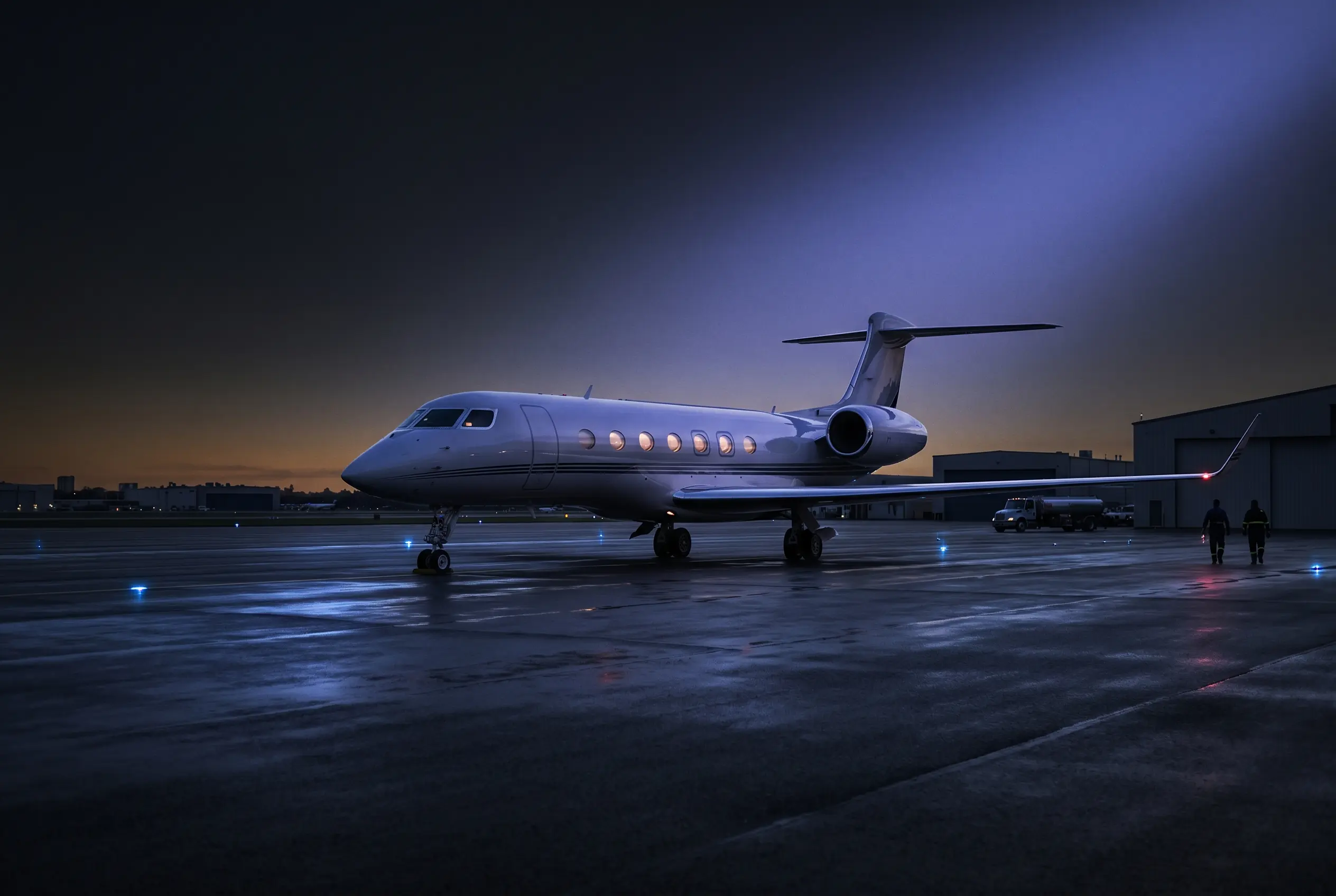 Ultra-long-range flagship jet on a private ramp at dusk before a New York to Miami departure