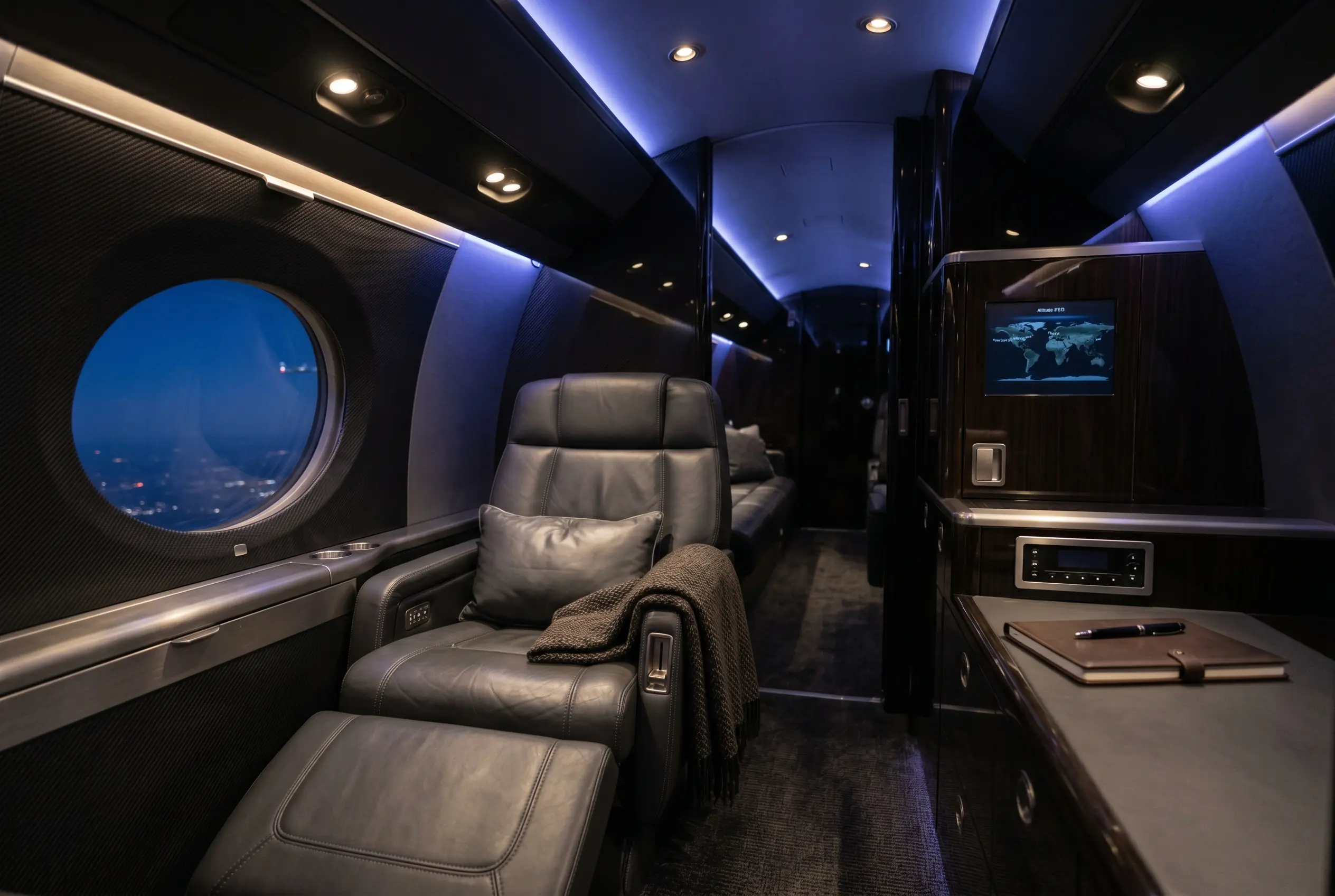 Private stateroom inside a VIP airliner during a New York to Miami flight