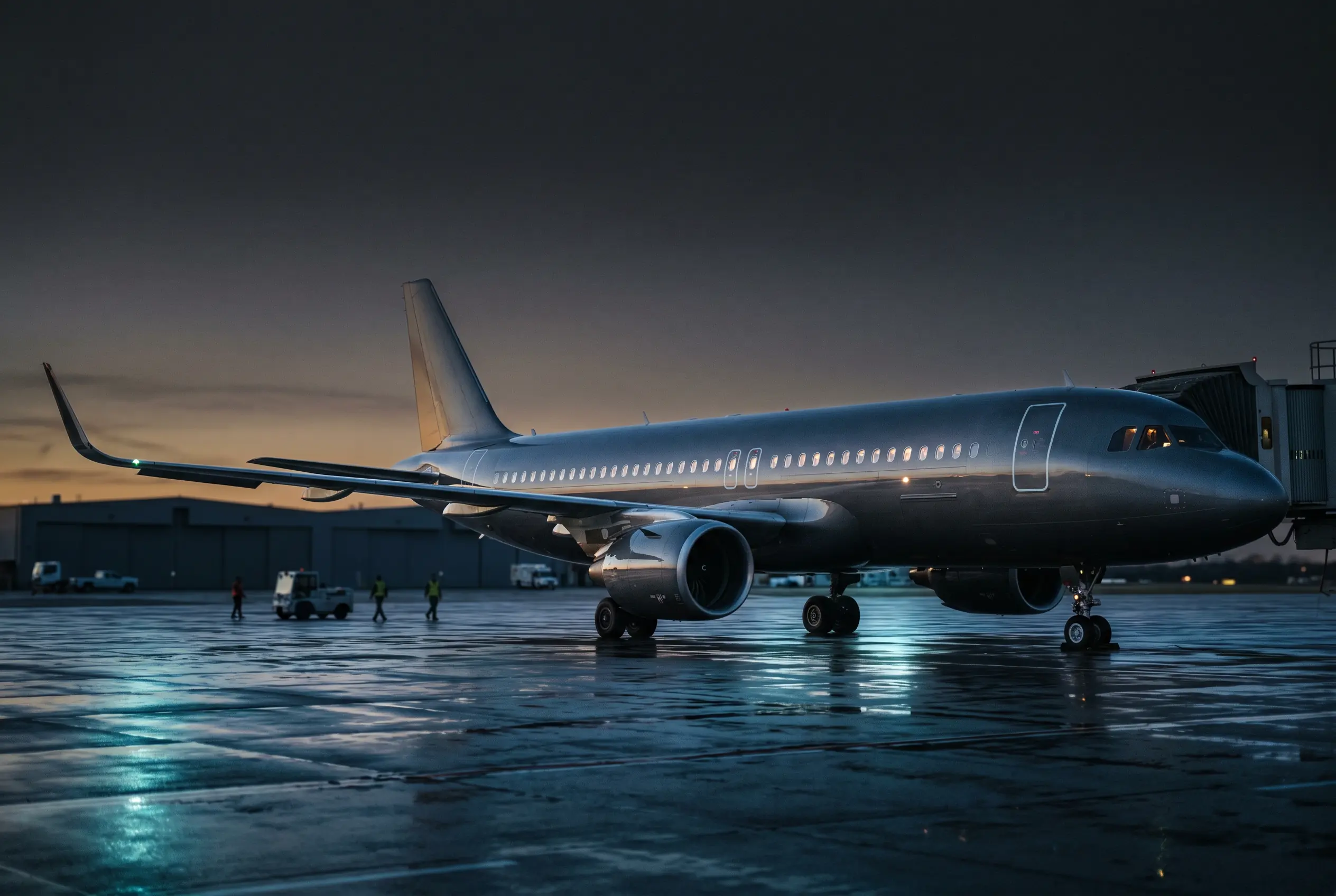 VIP airliner bizliner on a ramp at dusk before a New York to Miami departure